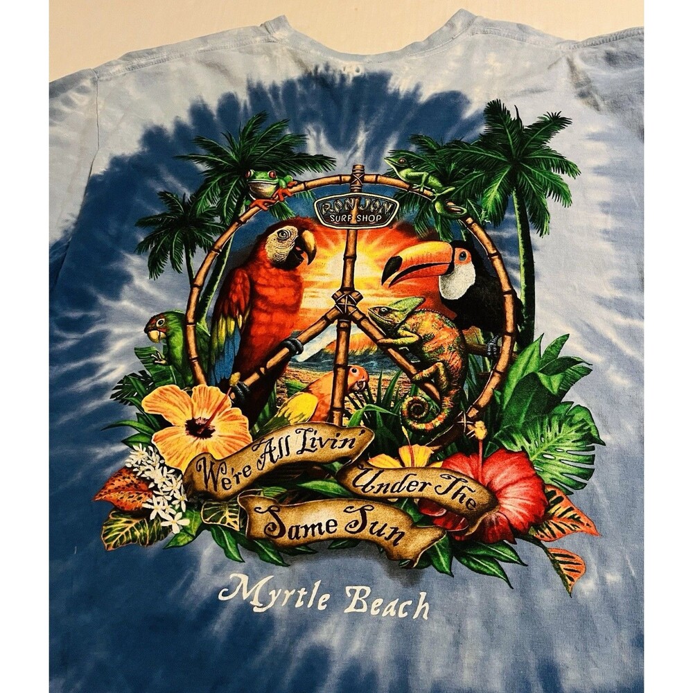 Ron Jon Surf Shop Myrtle Beach Tropical Floral Birds Colorful Tie Dye T-Shirt LG